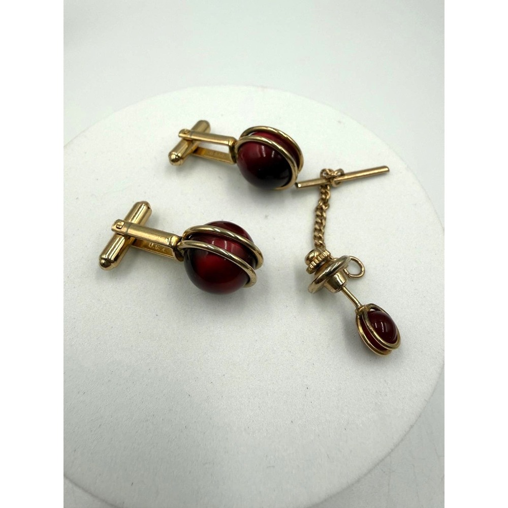 Vintage Hickok USA Red Orb Cage Cufflinks and Tie Tack Set Gold Tone Mid Century